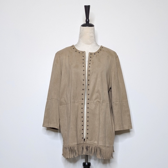 Allison Daley Jackets & Blazers - Allison Daley Faux Suede Open Front Western Tan Fringe Silver Studs Jacket Large